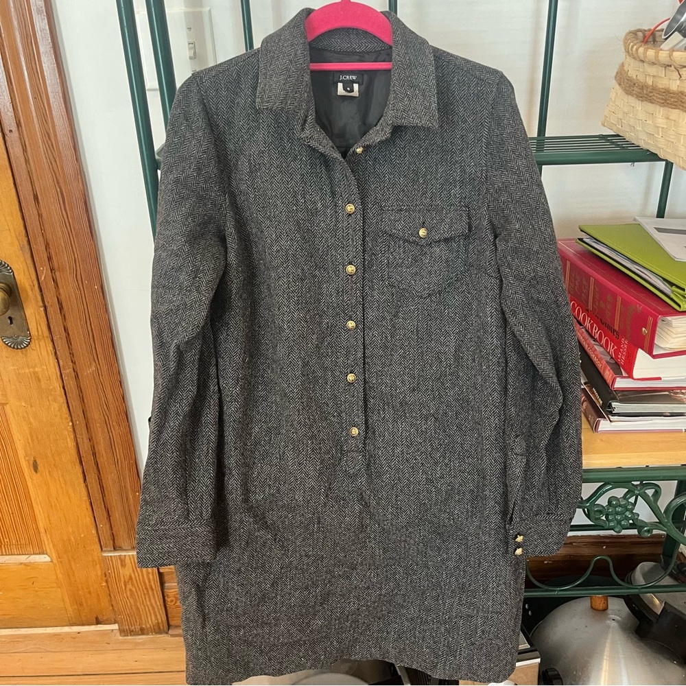 J. Crew Gray Houndstooth Wool Dress Brass Buttons